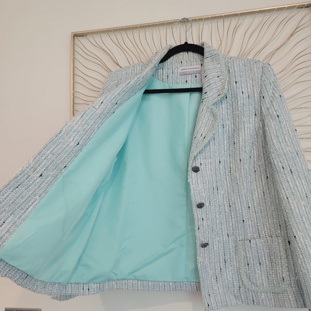Alfred Dunner Blue White Aqua Boucle Tweed Suit Blazer Jacket 14 Petite - Picture 11 of 15